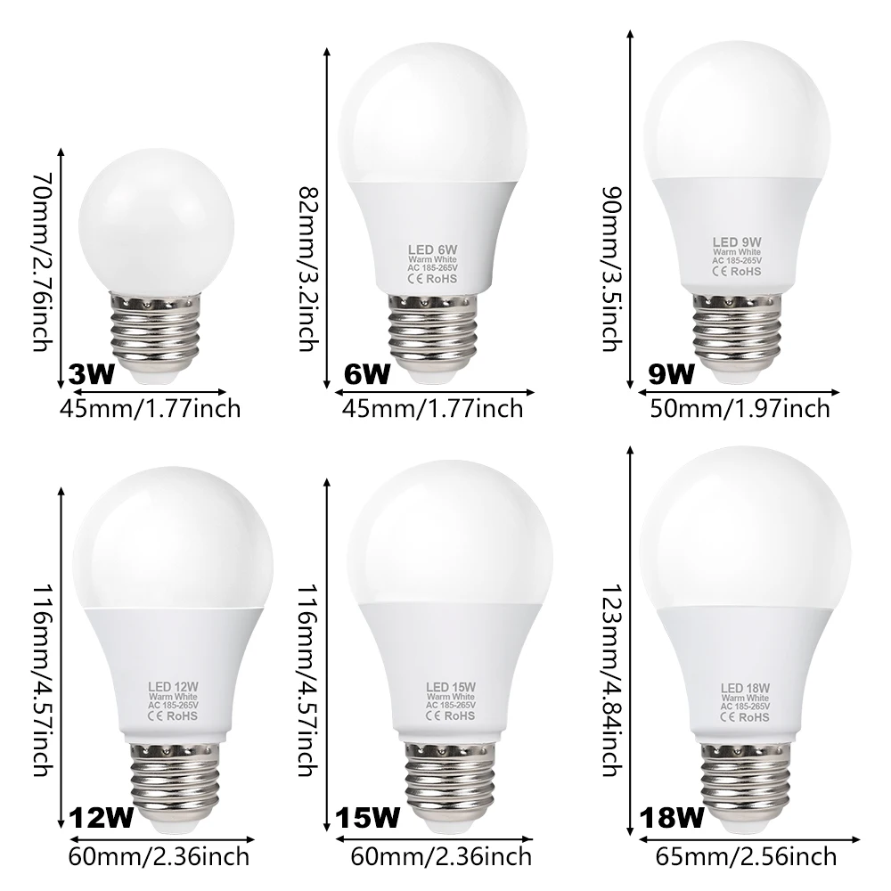 หลอดไฟ LED 4 ชิ้น/ชุด ขั้ว E27 ใช้ไฟ AC 220V ชิป SMD2835 กำลังไฟ 3W 6W 9W 12W 15W 18W สำหรับใช้ในบ้าน ห้องภายในอาคาร แสงสีขาวโทนเย็น/โทนอุ่น