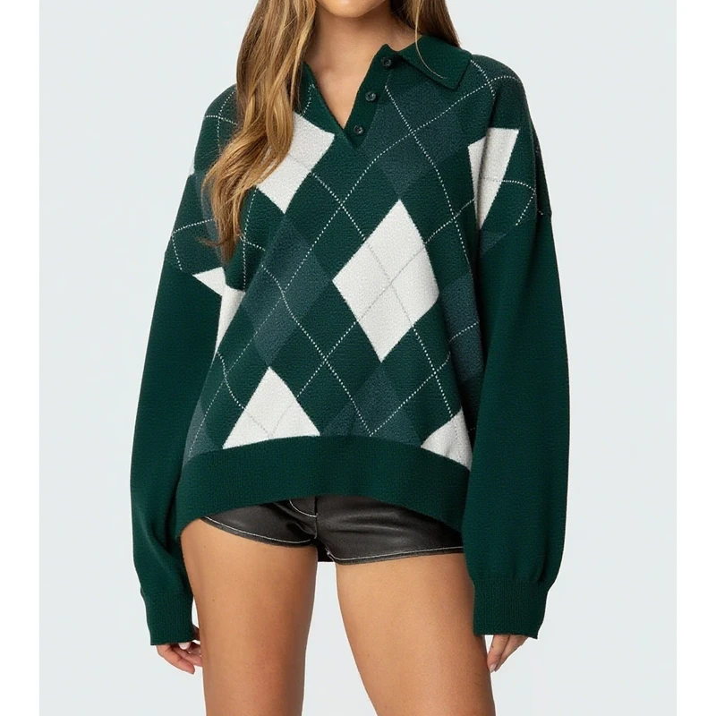 เสื้อสเวตเตอร์ไหมพรมคอวี แขนยาว ทรงหลวม สไตล์ Y2K ลาย Argyle สำหรับผู้หญิง แบรนด์ Combhasaki สีสันสดใส สไตล์ Preppy