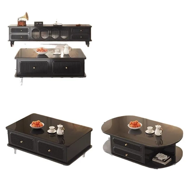 

Retro solid wood TV, living room, household coffee table combination, small apartment storage and integrated floor cabinet