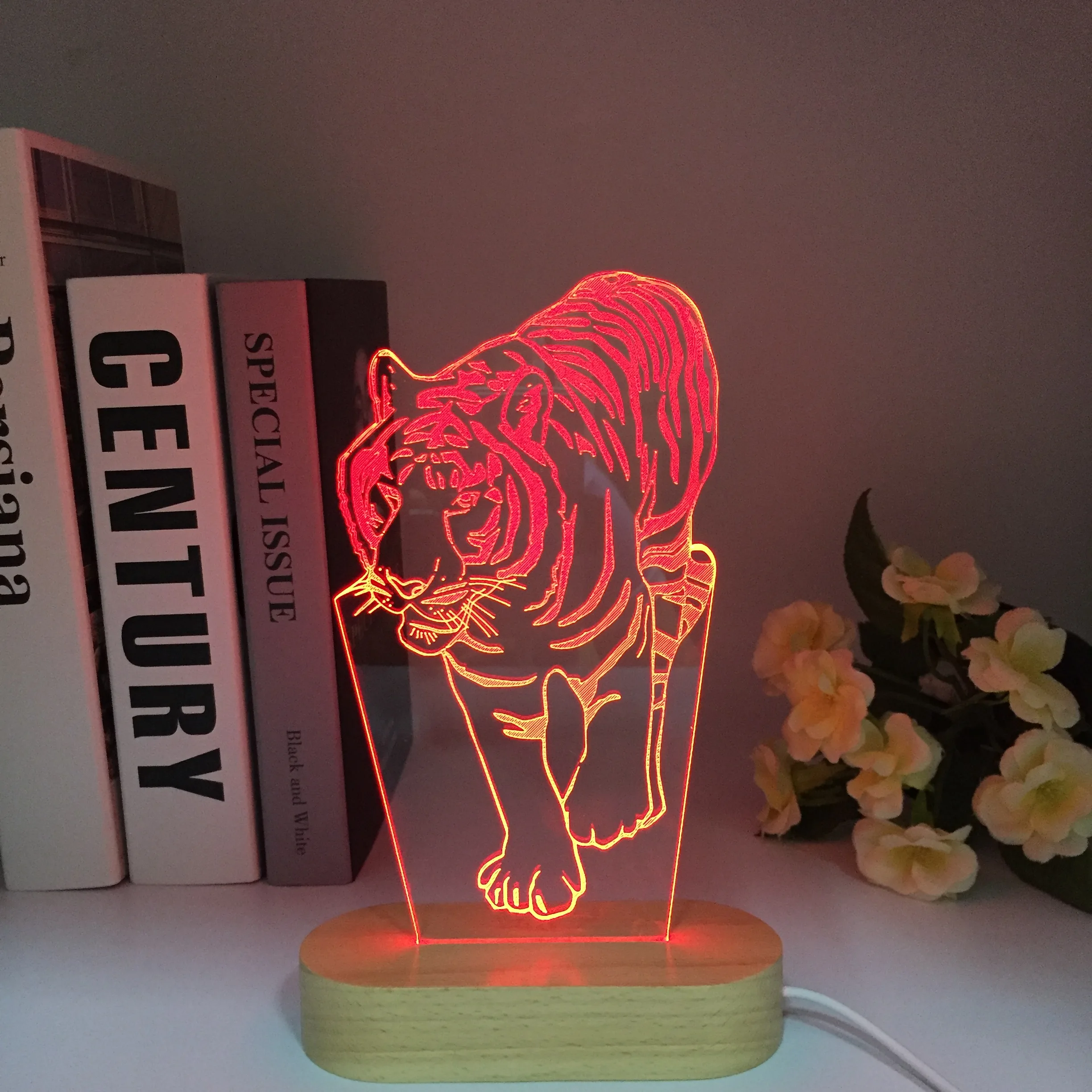 Mais novo 3d acrílico led night light tigre figura nightlight para crianças criança quarto luzes de madeira presentes para casa decoração candeeiros mesa