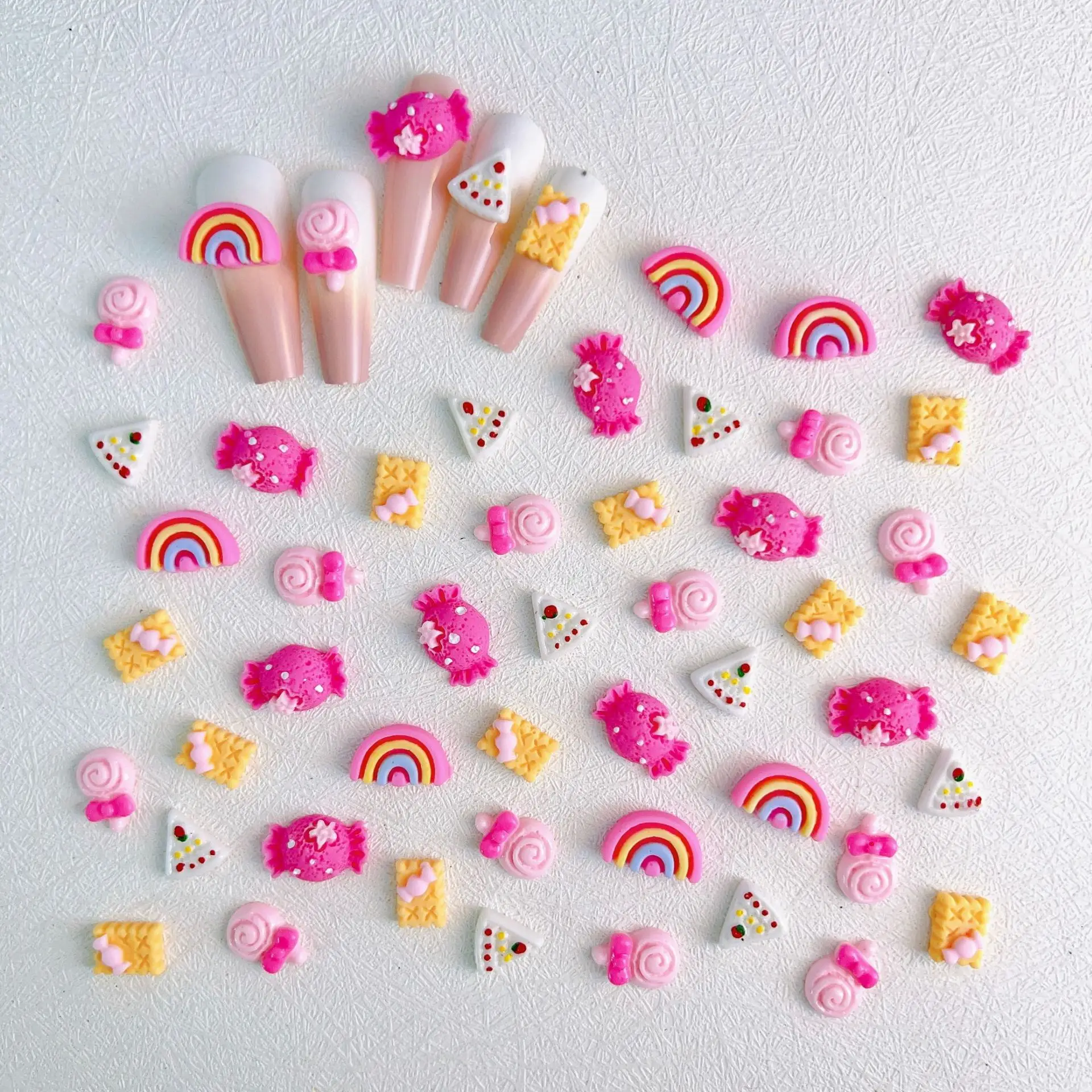 10Pcs Pink Candy Cartoon Nails Charms Lollipop Rainbow Biscuit Cake Nails Rhinestone 3D Cute Cookies DIY Manicure Accessories #1