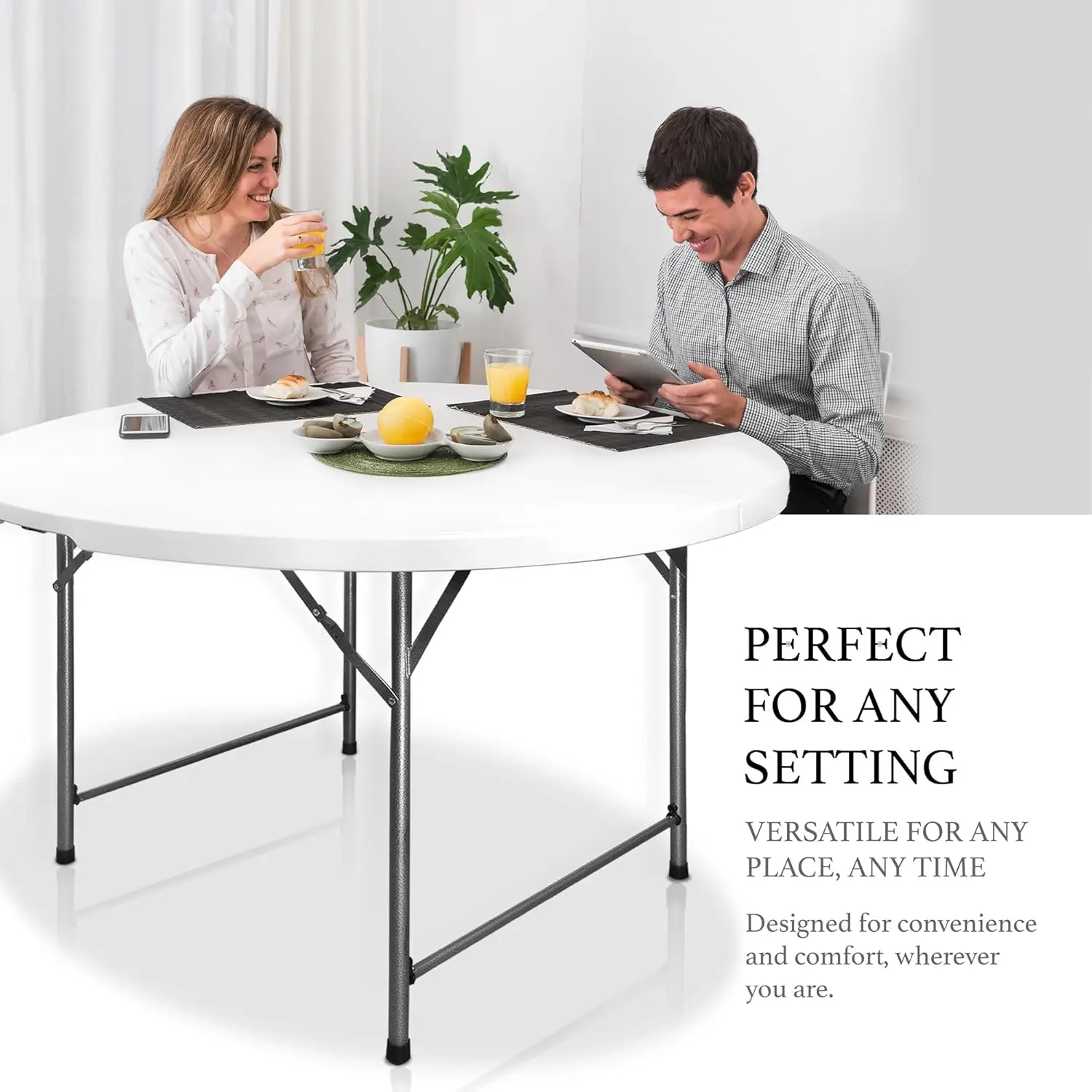 Portable Folding Round Card Table 4 Feet, Heavy Duty Plastic, Half Foldable, with Carry Handle - Ideal for Indoor and Outdoor Us
