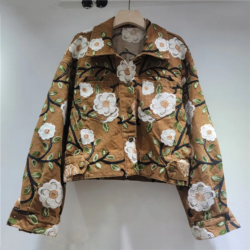 

2025 Autumn New Fashion European Style Lapel Embroidered Flower Versatile Short Denim Jacket for Women