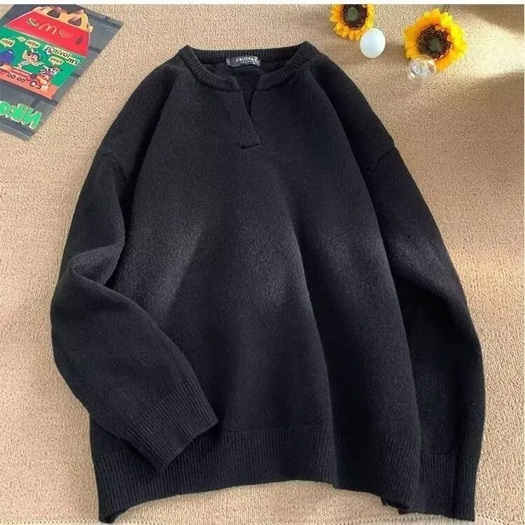 루즈핏 브이넥 니트 베이스 여성 캐주얼 얇은 모델 스웨터 가을 겨울 플러스 사이즈 편안한 상의 폴리에스터 섬유