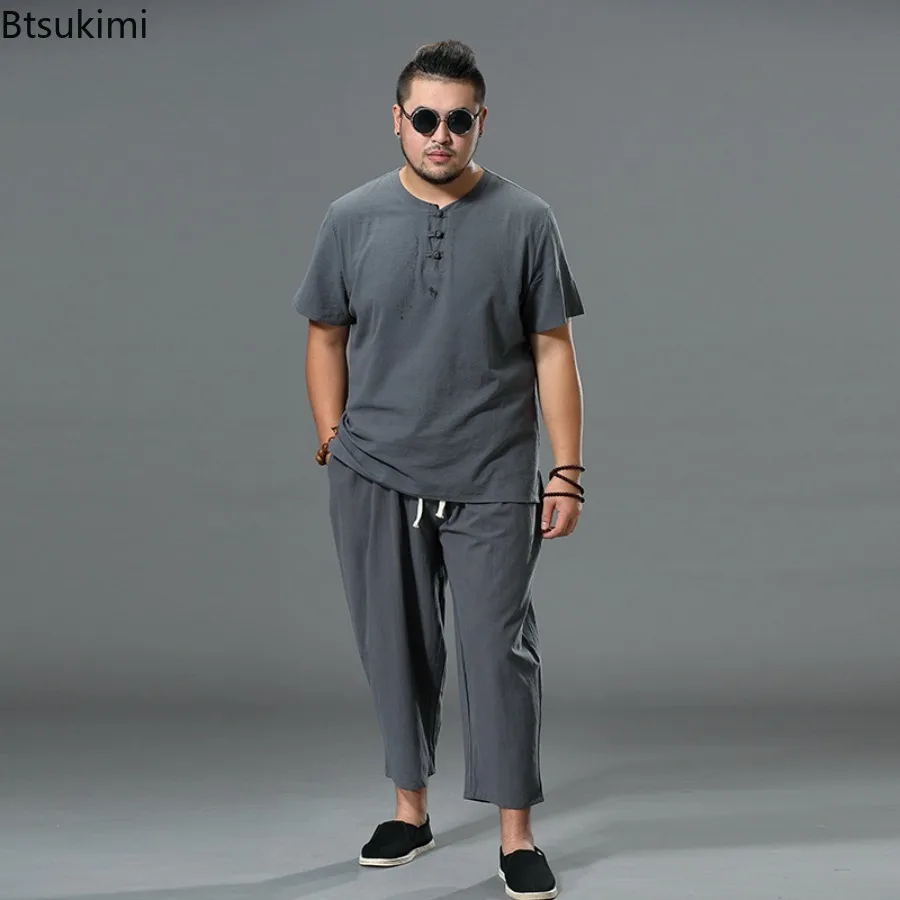 Summer Linen Set Men's Casual Short Sleeved T-shirt Nine Cents Pants Two-piece Set for Men Cotton Linen Loose Solid Color Set