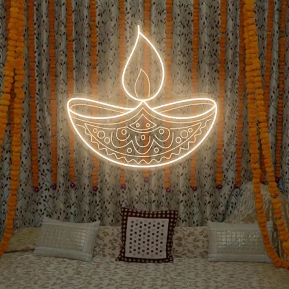 Diwali Diya Light Neon Sign, Custom Happy Diwali LED Neon Light, Indian Diwali Party Home Decor Hindu Festival Decor Size:20 x 1