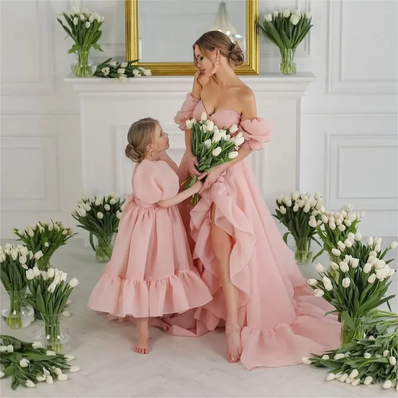 

Elegant Off Shoulder Matching Mom and me Dresses for Wedding Party or Photoshoot Pink Blush Mommy and me outfits, Royal organza