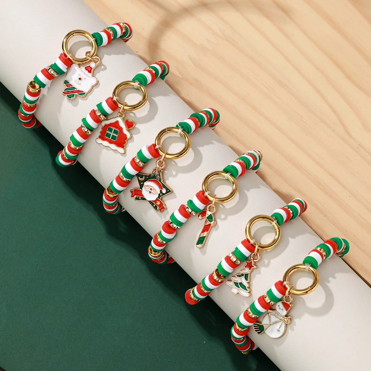 12-Piece New Polymer Clay Bracelet Set with Christmas Tree, Gift, Snowman, Bell & Rhinestone Spacers(color random)