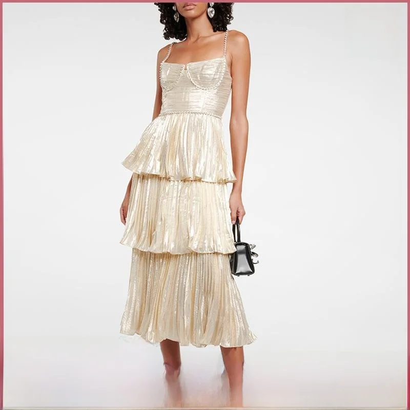 

Женское летнее платье миди с металлическим эффектом и многослойной отделкой, с воротником-стойкой, для прогулок