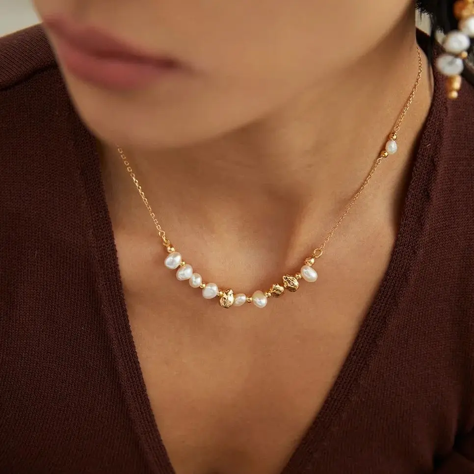 

Fashion Natural Freshwater Pearl Necklace With 18K Gold Plated Chain Vintage Pearl Jewelry Gift for Women серьги