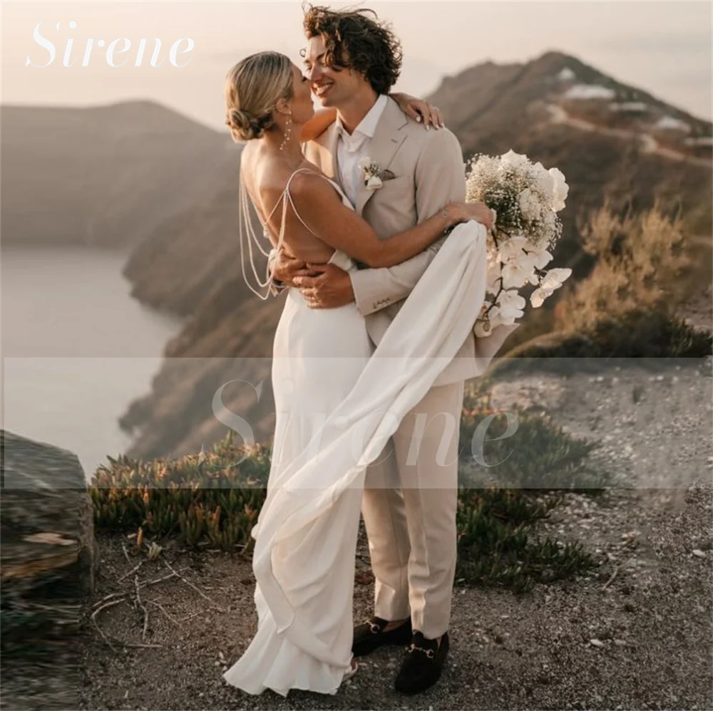 Vestido De novia De crepé con tirantes finos para mujer, elegante vestido De novia De playa sin mangas con cuentas y espalda descubierta