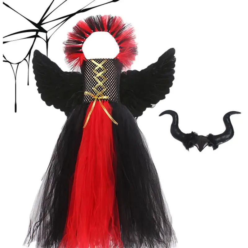 

Girl Evil Dark Fairy Witch Tutu Dress with Horns and Wings Sparkly Kids Halloween Cosplay Party Costume Fancy Evil Devil Dress