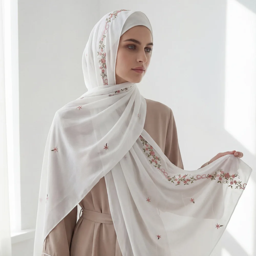 

Muslim Embroidery Chiffon Hijab Scarf for Women Long Shawl﻿ Fashion Lace Scarf Islam Turban Headwrap Ramadan Headscarf 180*70cm