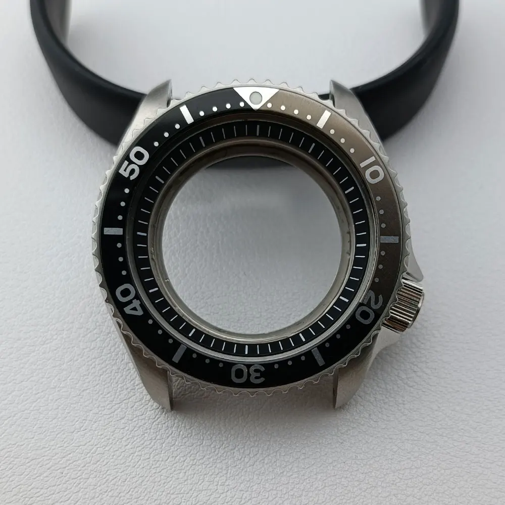 NH35 حالة 42 مللي متر ساعات رجالية فضي/أسود لديها حلقة الصلب حالة صالح NH35 NH36 صندوق ساعة الطلب الياقوت الطائرة الزجاج 22 مللي متر حزام