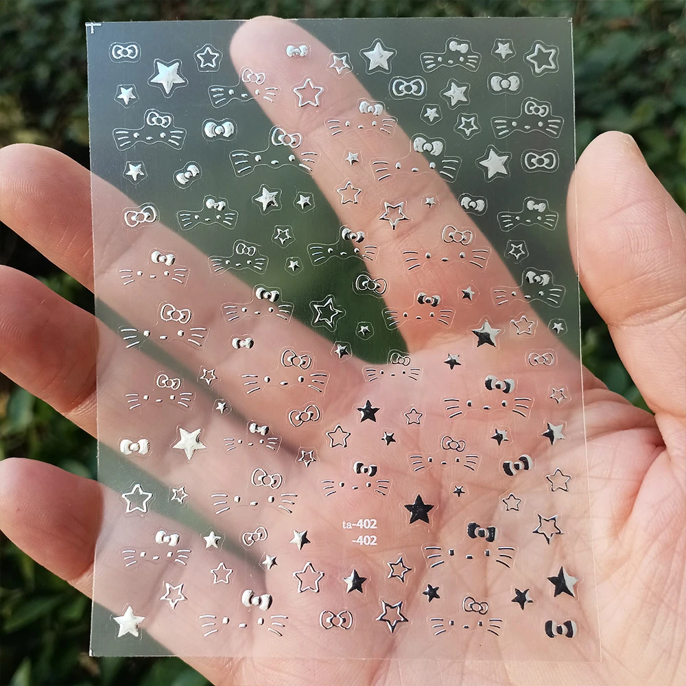 1 قطعة-5D نجمة فضية مرحبا كيتي ملصقات الأظافر y2k مرحبا كيتي القط الوجه الانحناء مسمار الشارات الكتابة على الجدران هريرة Kawaii مانيكير لوازم #2
