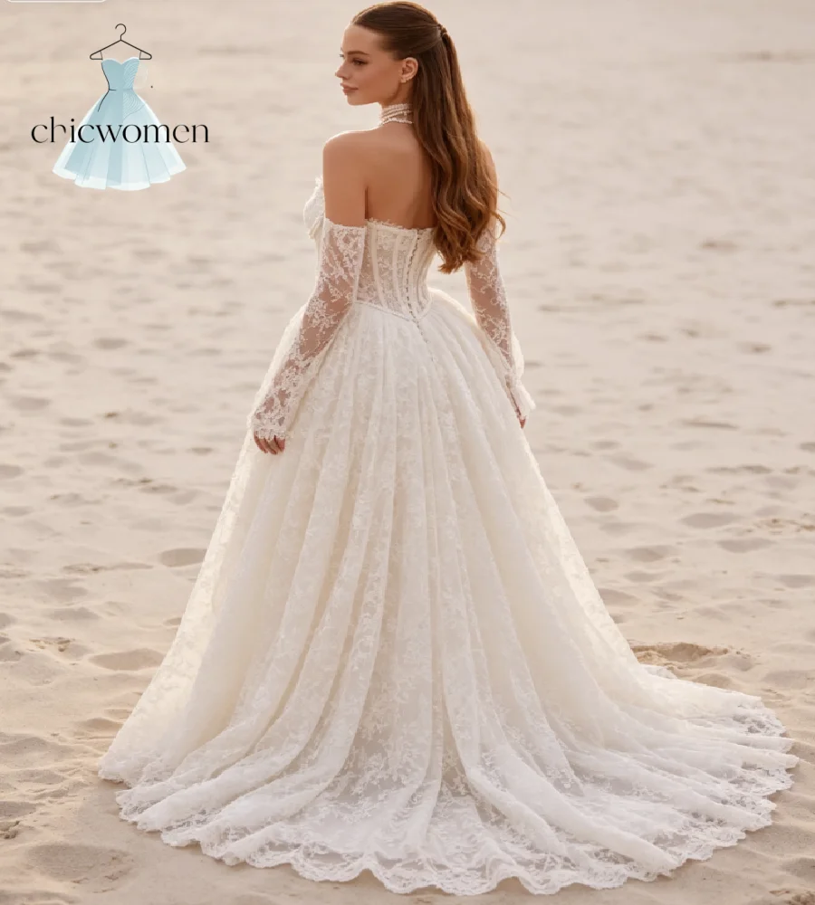 Enchanted Princess Lace Wedding Dress With Pearls Chain Curvy Women Beach Bride Gown With Detachable Sleeves Plus Size Gatsby