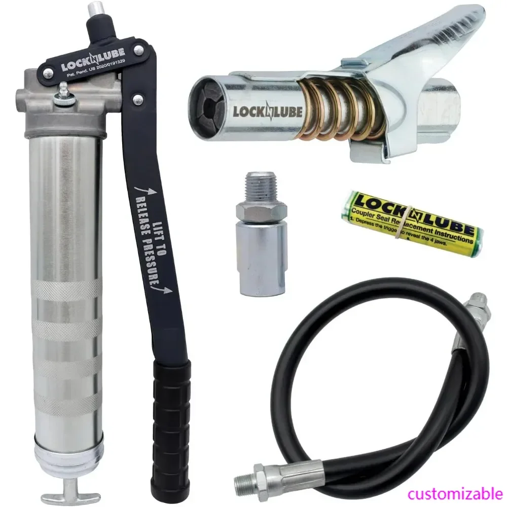 

Professional Series Lever Grease Gun. Includes Our Patented Grease Coupler (Locks on, Stays on, Won't Leak!) Plus a 20