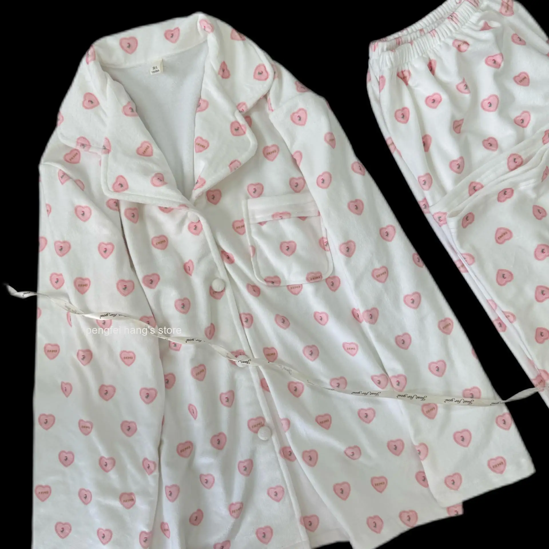 Women Island Velvet Pajama Set, 2026 New Winter Sweet Pink Small Heart Print Lapel Warm Homewear Loungewear for Ladies