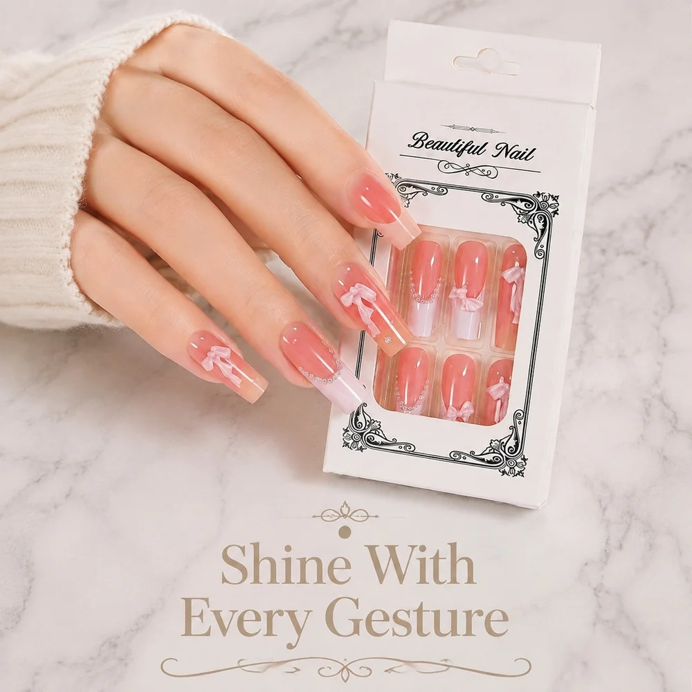 24Pcs Soft Nude Tone Press On Nails Long Coffin White French Tip Delicate Fabric Bow Pearl Ornaments Box Set Fashion Manicure