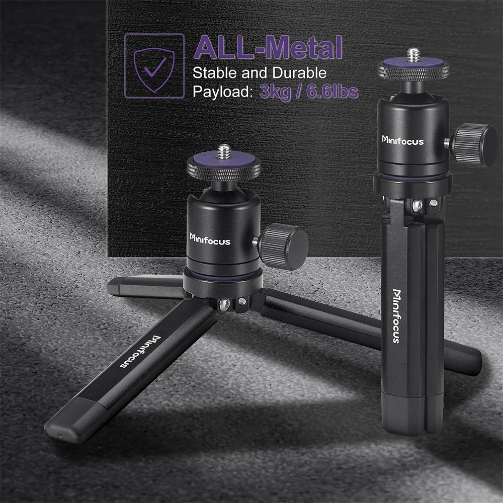 Minifocus Metal Mini Tripod + Ball Head Mount 1/4 Inch Screw Desktop Tabletop Stand for Gimbal Handle Grip Stabilizer Cameras