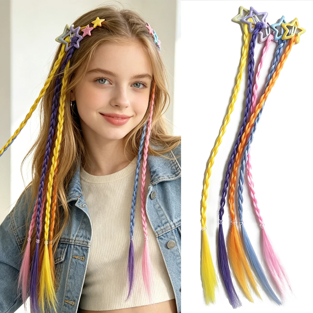 Synthetic Cute Rainbow Color Braided Hair Clip With Braid Hair Extension Hairpin For Girls Kids Y2K Party  Daily Princess