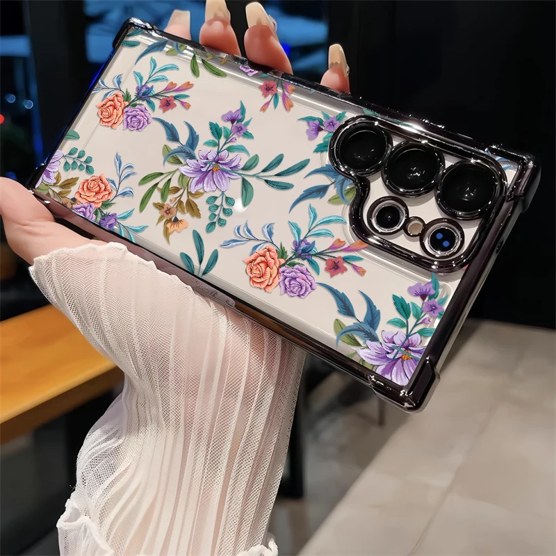 Fashion Floral Print Phone Case For Samsung Galaxy F14 M05 M10S M12 F04 F05 F12 Note 20 Ultra M02 M04 Plating Shockproof Cover