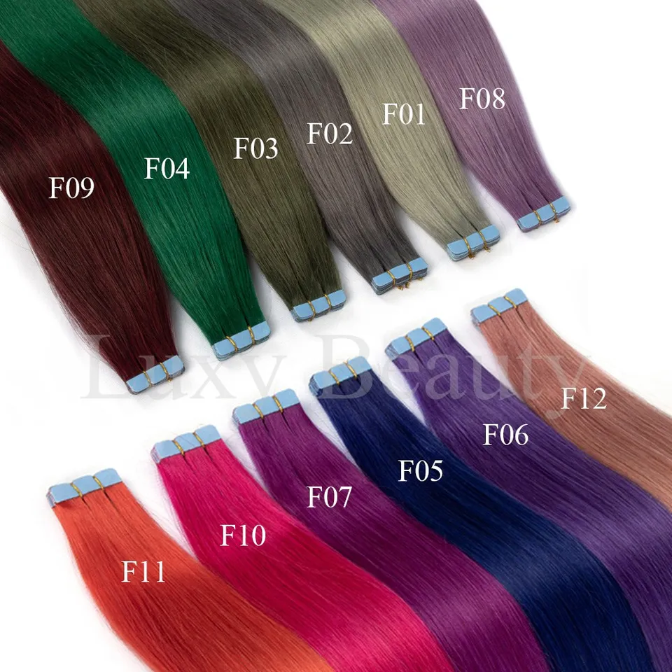 Extensiones de cabello humano en cintas mini de colores rosa, invisibles y sin costuras, 10 piezas en rojo, verde, morado y azul 5