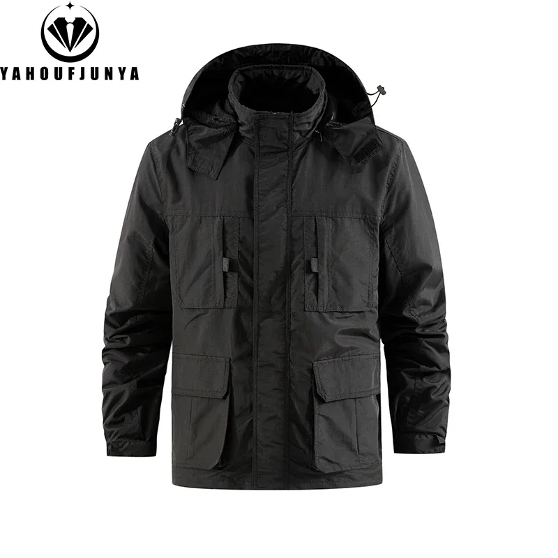 Men Autumn Cargo Outdoor Casual Detachable Hooded Jacket Men Utility Many Pocket Zipper Solid Color Windproof Jacket Male Coat