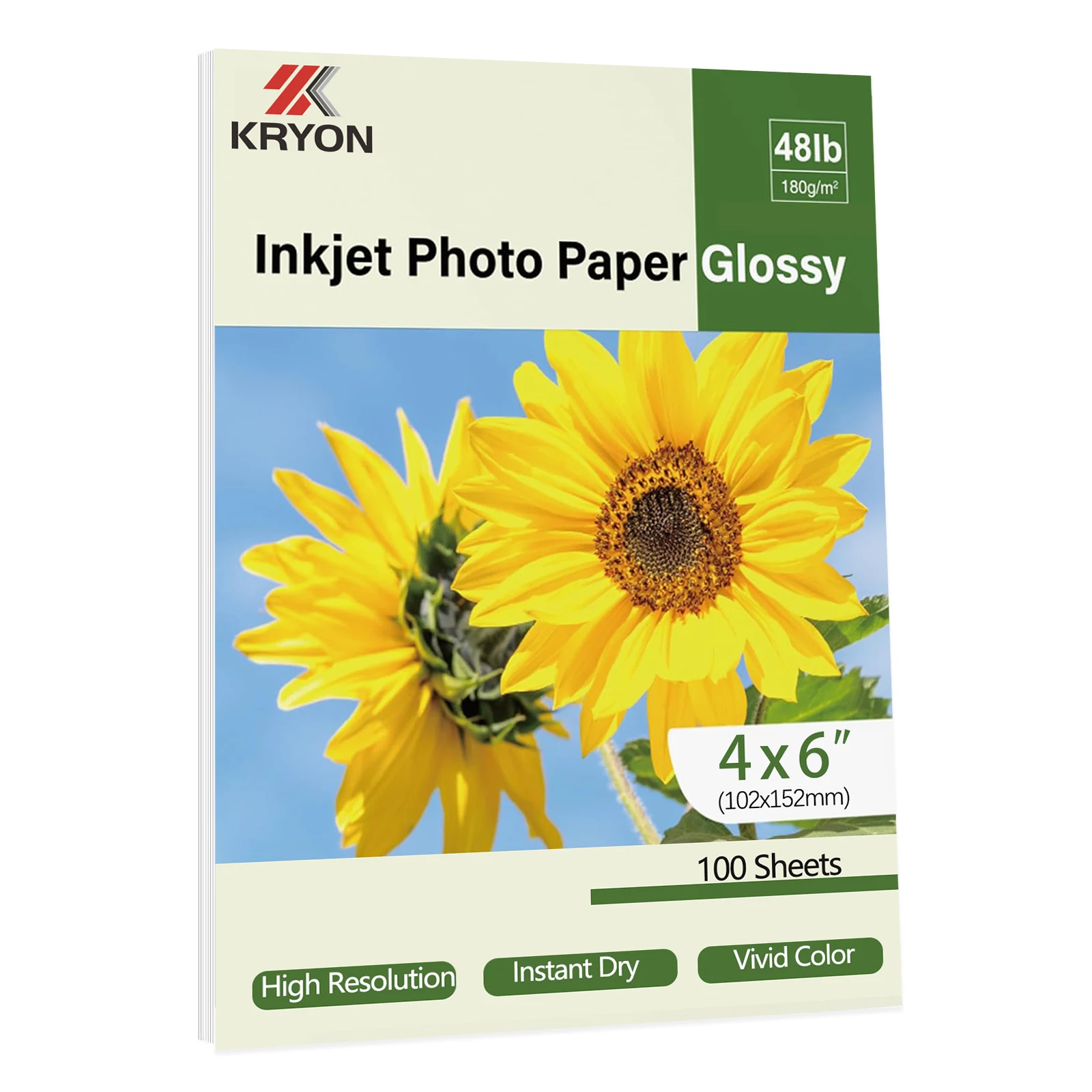 KRYON Papel fotográfico de alto brillo, tamaño 102x152mm, 4x6 pulgadas, 100 hojas, 48Ib, 180Gsm para impresora de inyección de tinta