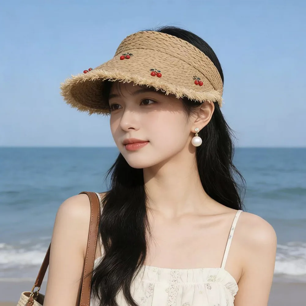 

Dopamine Cherry Strawberry Sun Hat Headband-style Sunscreen Open-crown Straw Hat Beige Khaki Breathable Sunshade Cap Summer