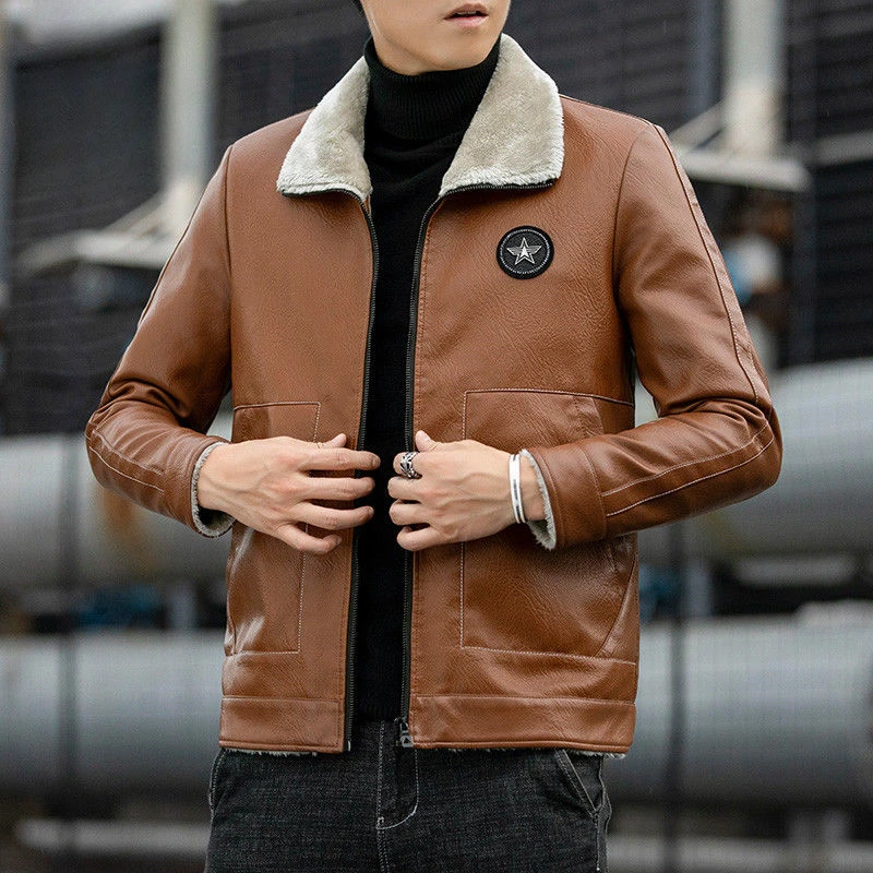 

2023 New Men Winter Faux Leather Clothing Short Loose Pu Overcoat Brushed Warm Leisure Jacket Joker Fashion Simple Outwear