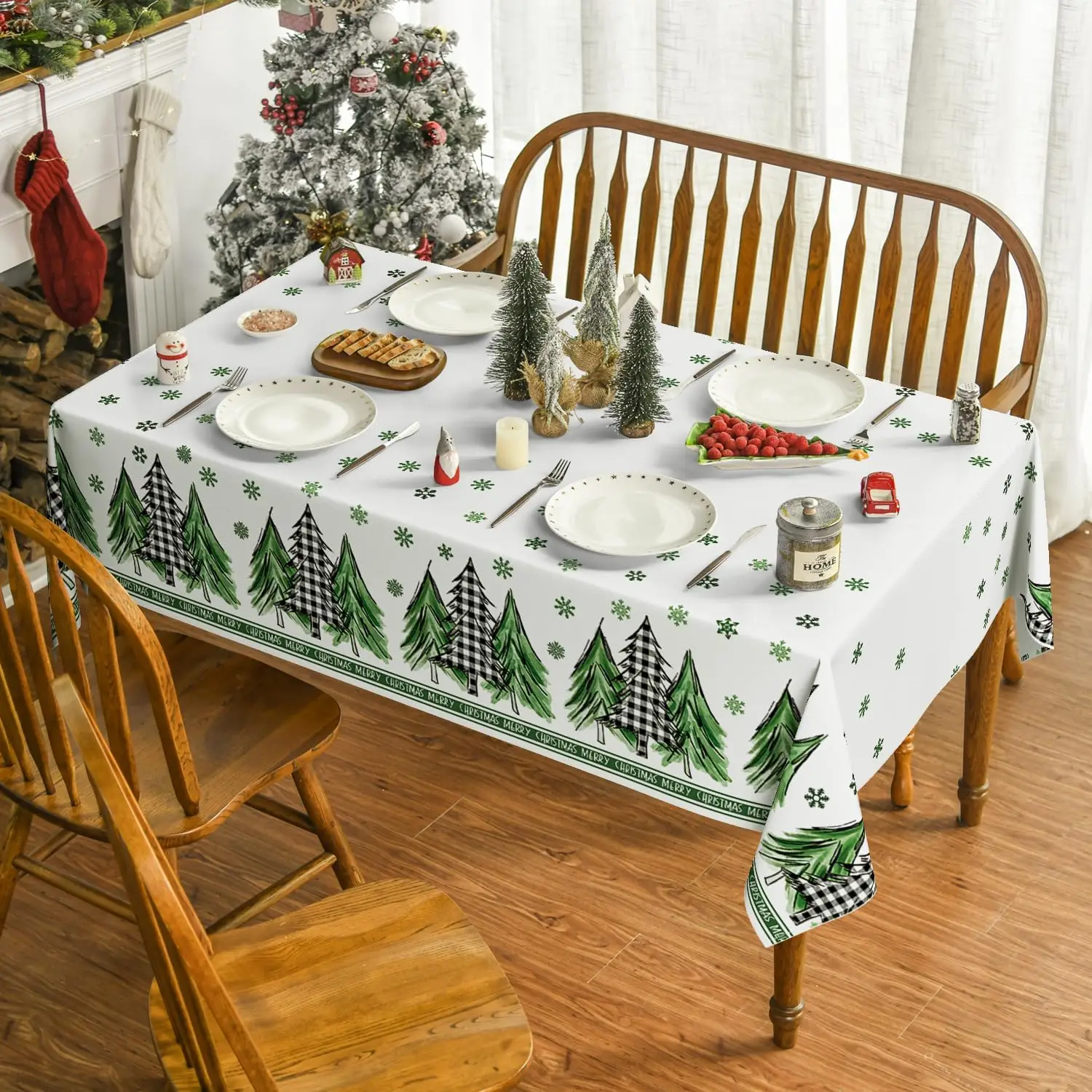 Christmas Trees Snow Green Rectangle Tablecloth Dining Room Decor Waterproof Tablecloth for Table Holiday Party Decorations