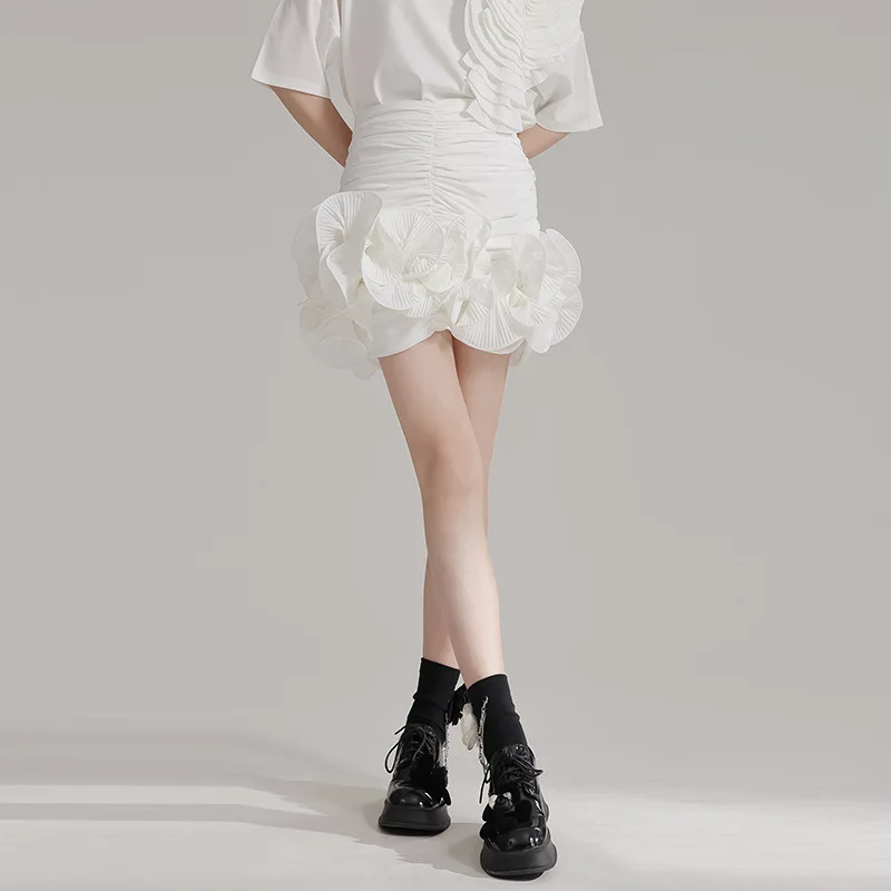 minority design fluffy skirt, cross-border heavy industry pleated three-dimensional flower wrap buttocks women's skirt