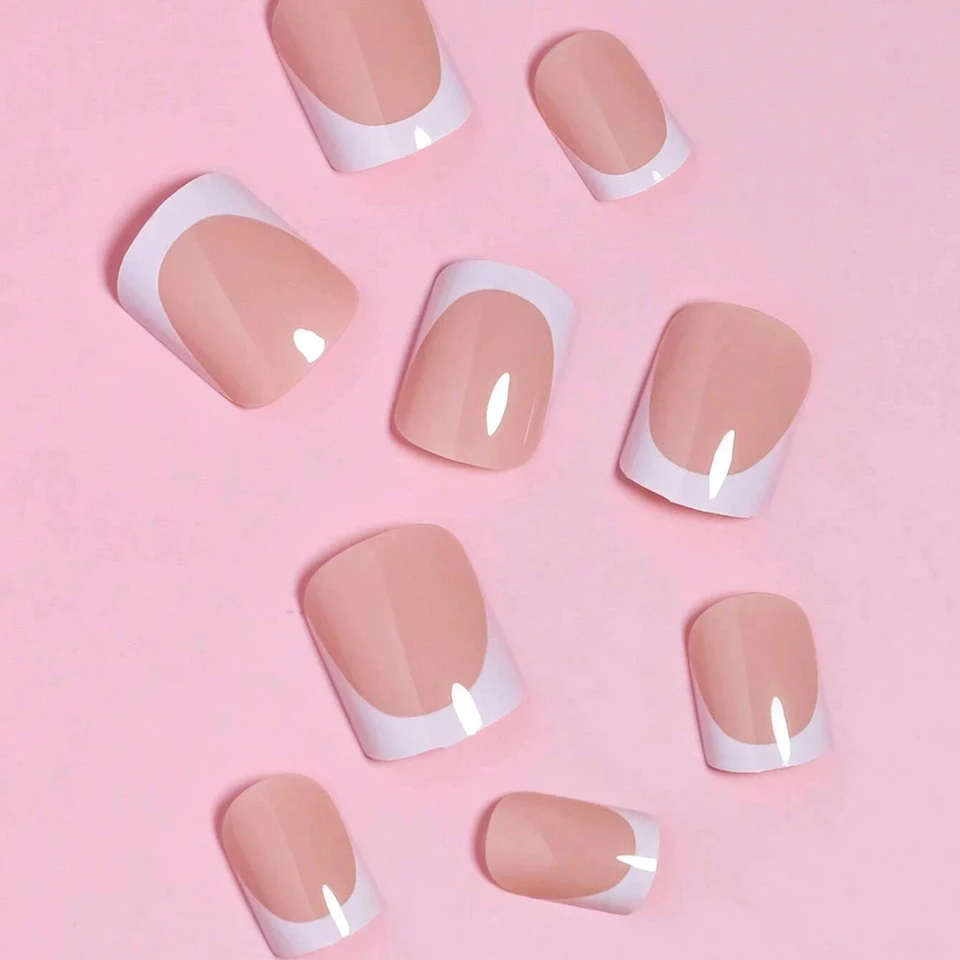 24 uñas postizas cortas cuadradas rosas, uñas postizas francesas, arte de uñas removible para parejas, citas, fiestas al aire libre 3