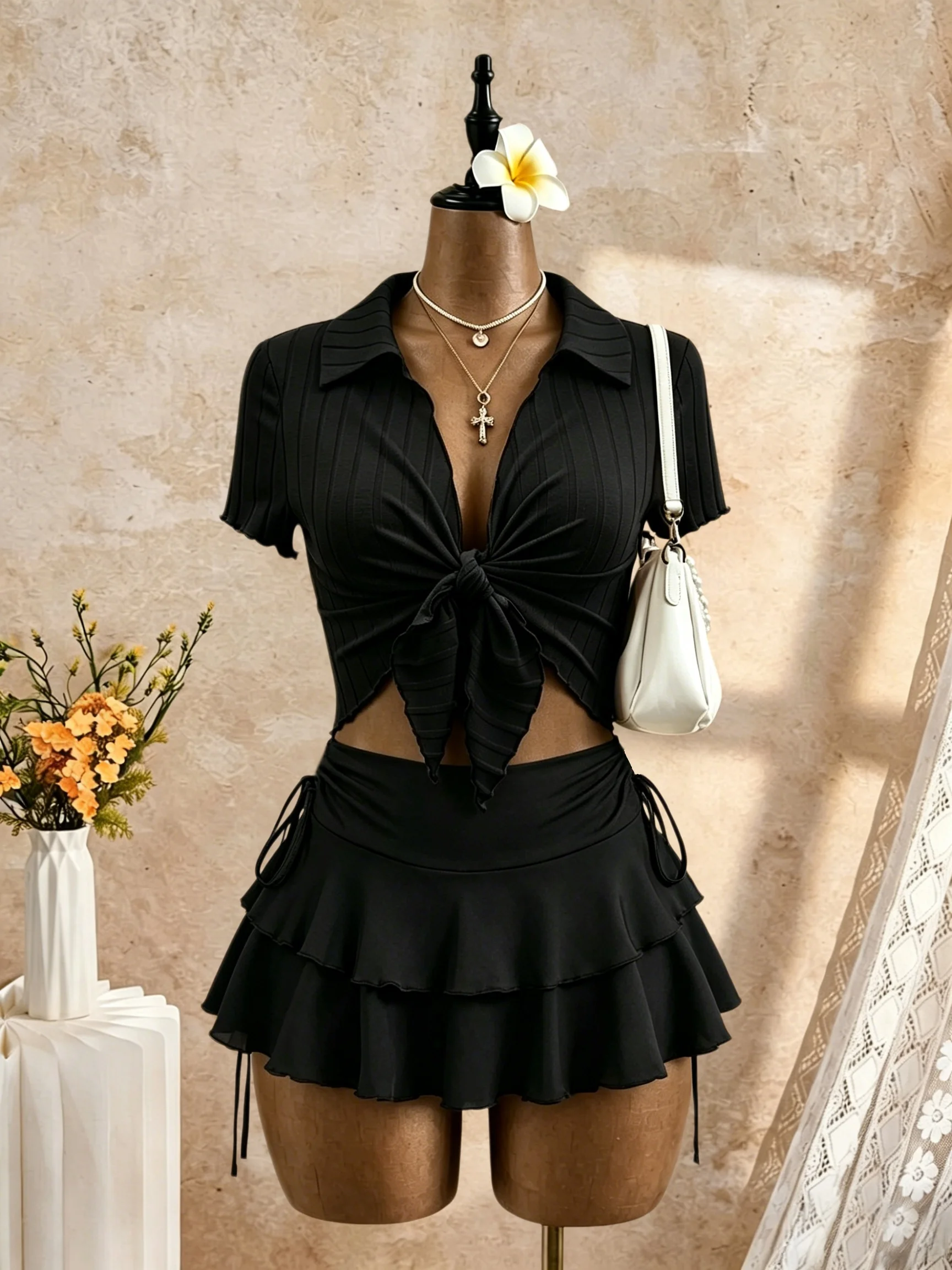 2 Pcs Women Ribbed Polo Collar Front Tie Crop Top Side Drawstring Tiered Ruffle Mini Skirt Set Solid Black Summer Beach Two Piec