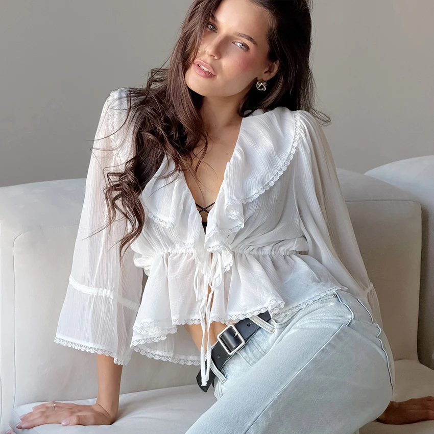 Linad Elegant White Chiffon Lace Blouse Woman Vintage Ruffles Deep V Neck Shirts 2026 Street Chic Thin Drawstring Tops Autumn
