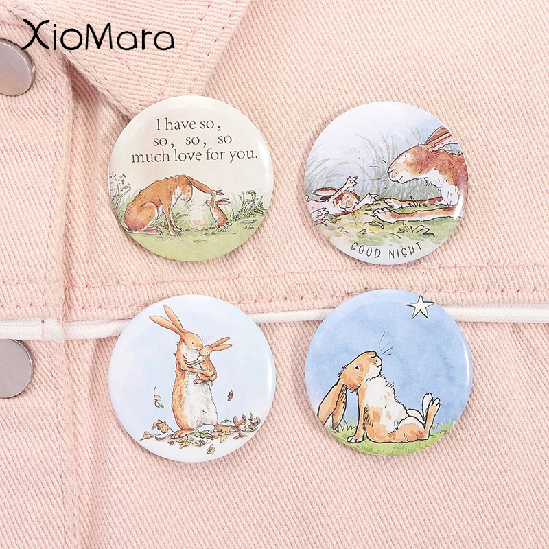 

Classic Rabbit Illustration Tinplate Pins Parent-child Picture Book Cute Brown Rabbit Brooches Lapel Badge Jewelry Gifts