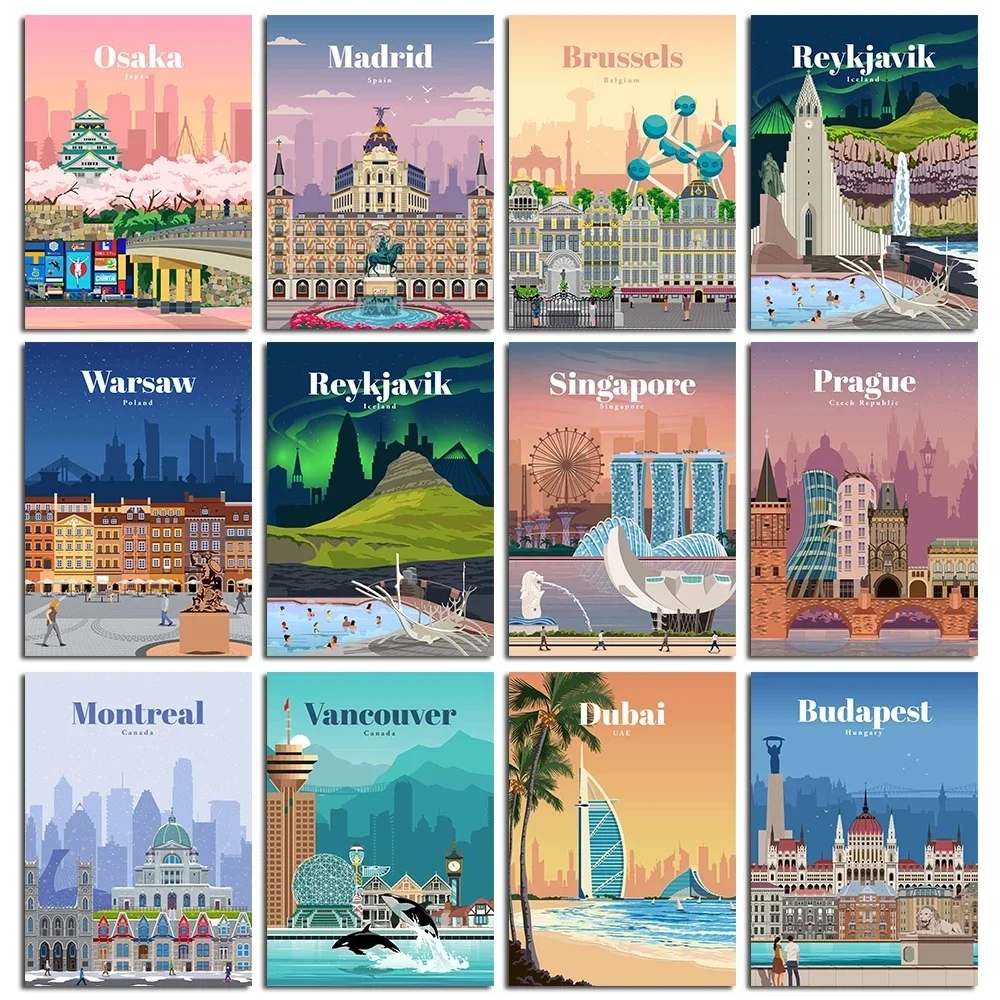 World City Landscape Montreal Prague Kyoto Bali Poster Prints Nordic Style Picture Cartoon Landscape Home Decor Canvas Painting