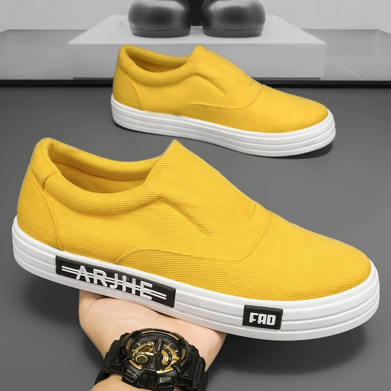 

HKDQ/летняя желтая парусиновая обувь, мужские лоферы, дышащие мужские слипоны, модные повседневные кроссовки, мужская вулканизированная обувь на низкой плоской подошве