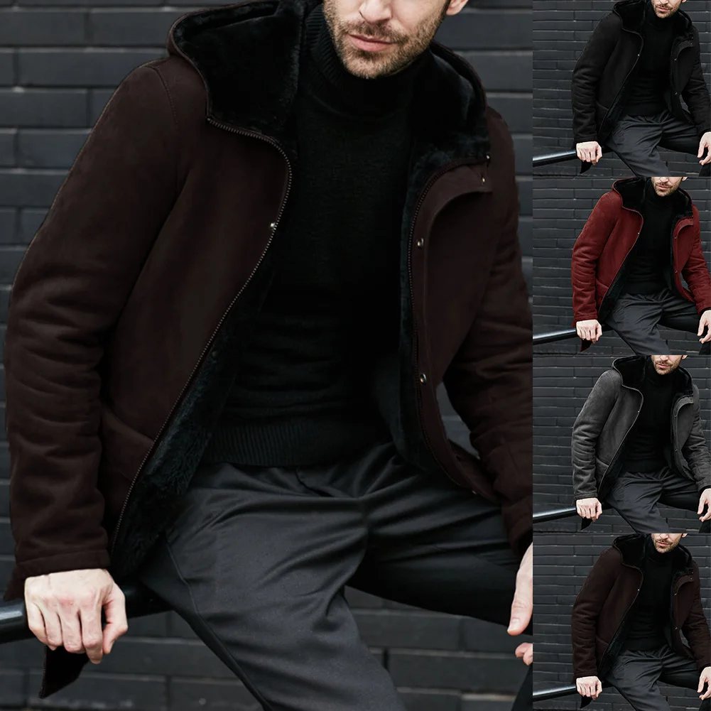 معطف سميك مبطن بالصوف للرجال معطف مبطن بالصوف ملابس شتوية بدون نسيج مرن مادة البوليستر معطف بطول منتظم