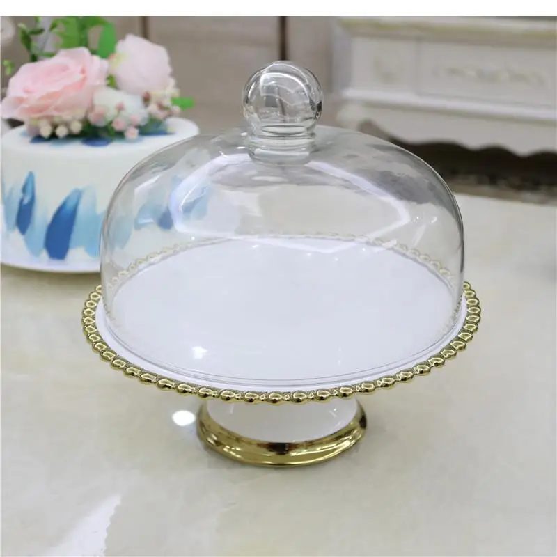 European-style Round Ceramic Tableware Golden Stroke High-foot Cake Tray 12 Inch White Plate Table Decoration