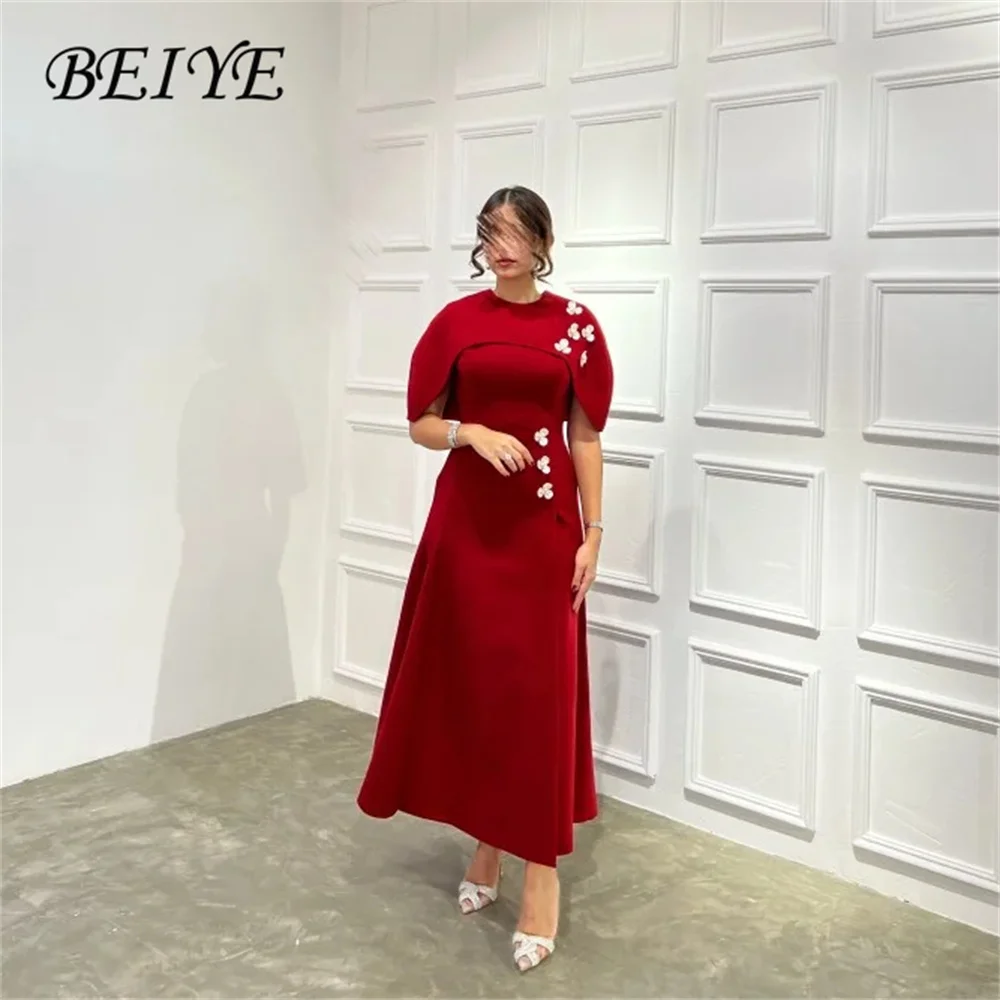 

BEIYE Simple Red Flowers A-Line Evening Dress Women 2026 O-Neck Ankle-Length Formal Party Gown Customized فساتين سهرة