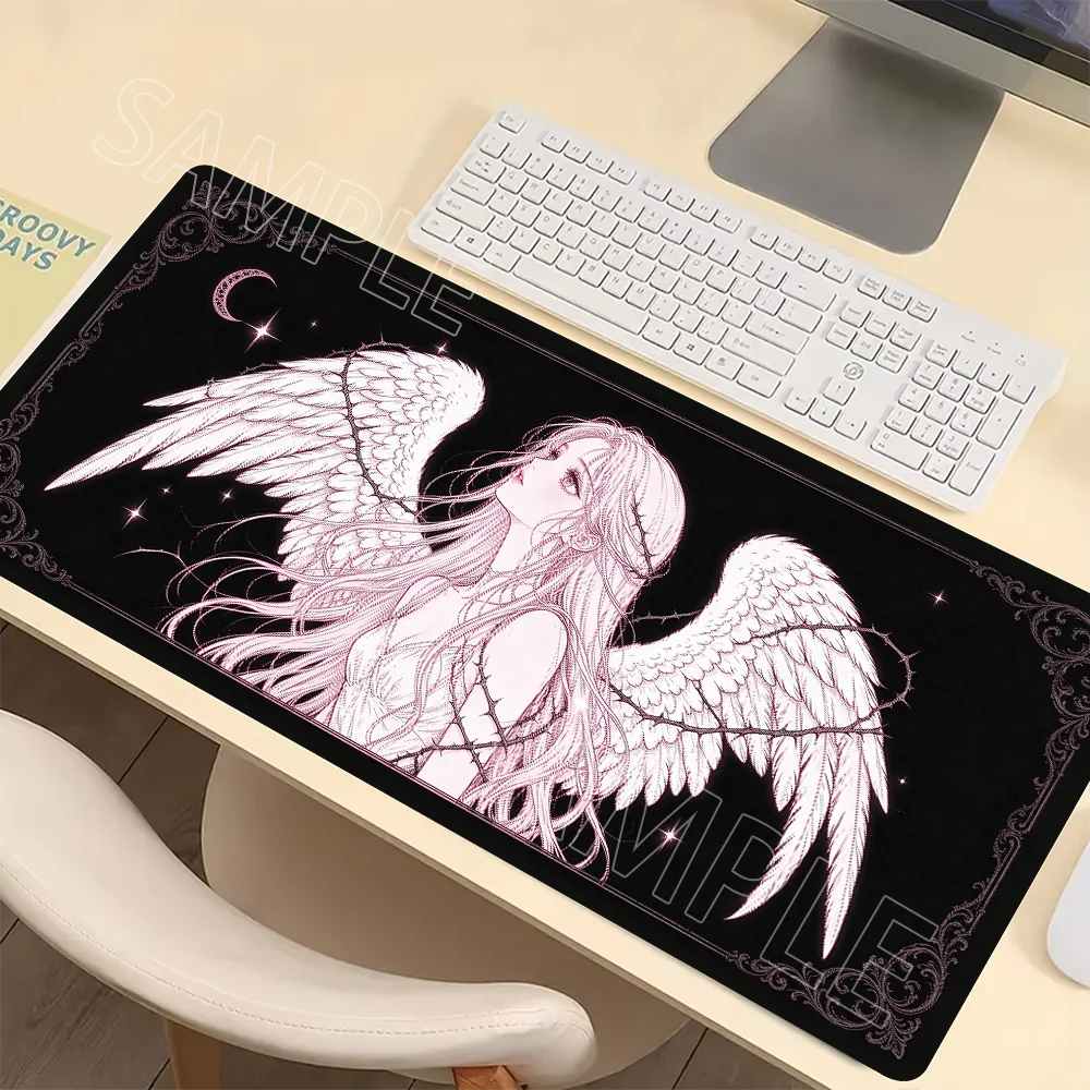 Mystical Gothic Mouse Pad Angel Girl with Large Wings Spider Web Pink Line Art Desk Mat Non Slip Keyboard Pads for Work Gaming