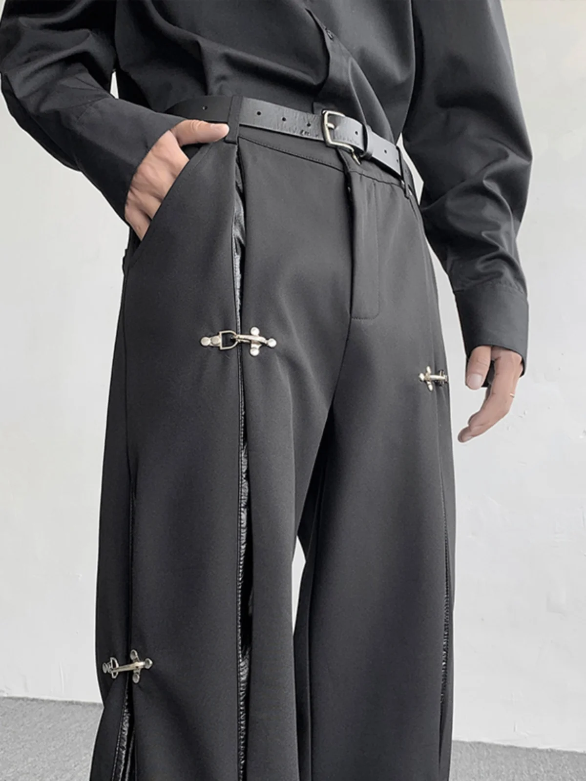 Autumn Metal Aircraft Buckle Design Blazer Pants Men's Leather Patchwork High-End Trendy Unique Black Straight Wide-Leg Trousers