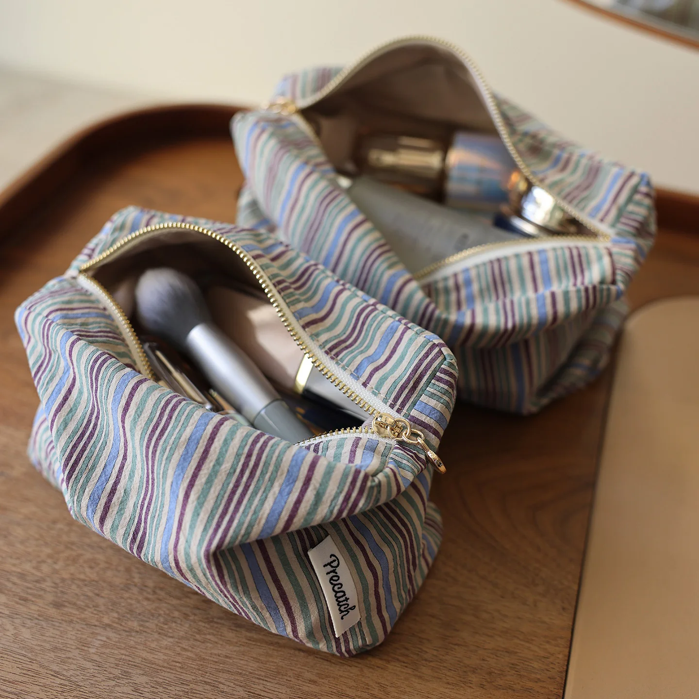 Color-Blocked Striped Cosmetic Bag, Large Capacity, Portable Japanese Style Storage Bag, Travel Multi-Functional Toiletry Bag