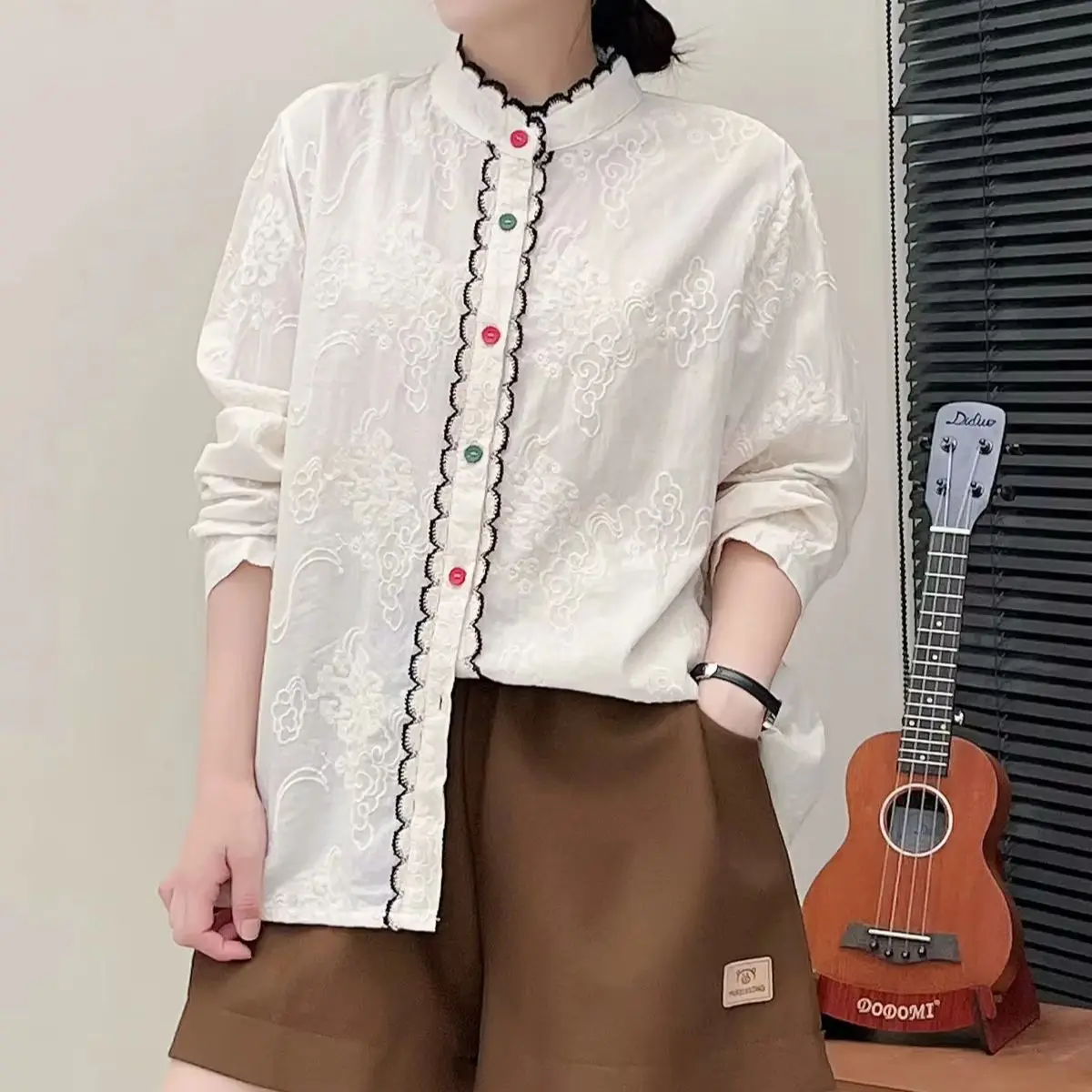 Mori kei clothing Japan style vintage stand collar embroider shirts women\'s top long sleeve blouses cotton lolita clothes