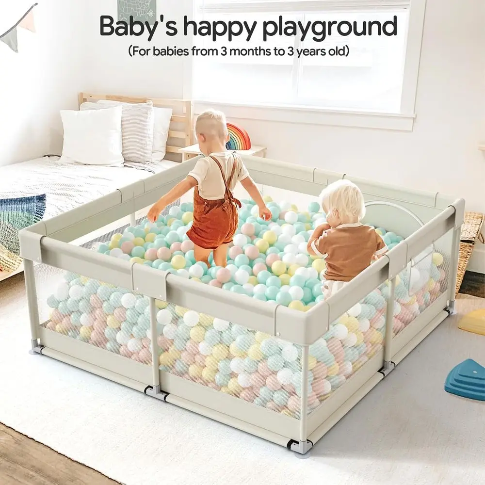 Beigefarbener 47x47-Zoll-Laufstall für Babys und Kleinkinder mit Zugring, Spielcenter und Sicherheitszaun