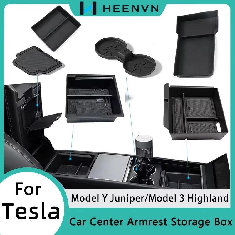 HEENVN Für Tesla Model Y Juniper 2025 2026 Aufbewahrungsbox Model 3 Highland Mittelkonsole Armlehnen-Aufbewahrungsabdeckung Ordnungs-Zubehör