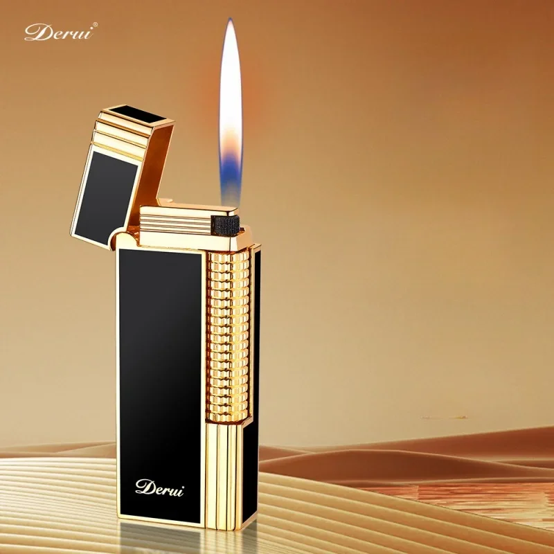 DERUI Zinc Alloy Black Resin Butane Gas Lighter Side Pulley Ignition Compact Portable Inflatable Lighters Smoking Exquisite Gift