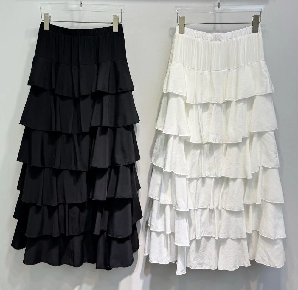 

New 2026 Spring Long Skirts High Quality Women Elastic Waist Cascading Ruffle Flower Patterns Long Maxi Black White Skirt Club